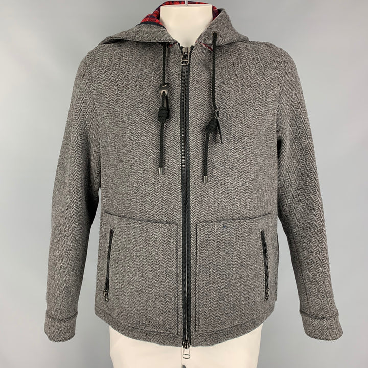 LANVIN Talla 44 Chaqueta con capucha de lana / poliamida en espiga gris y negra