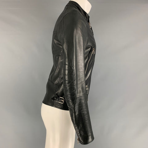 LANVIN Size 36 Black Solid Leather Biker Coat
