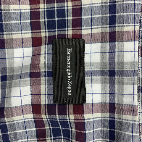 ERMENEGILDO ZEGNA Size XL White & Navy  Plaid Cotton Long Sleeve Shirt