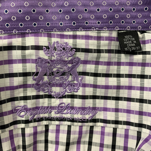ENGLISH LAUNDRY Size XL White, Purple & Black Window Pane Cotton Long Sleeve Shirt