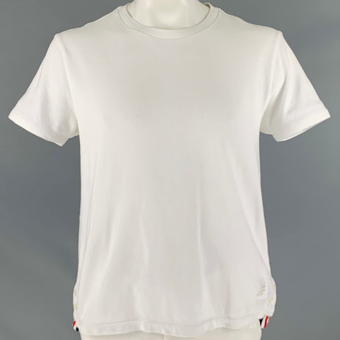 THOM BROWNE Taille XL T-shirt à manches courtes en coton à bordure contrastée blanche