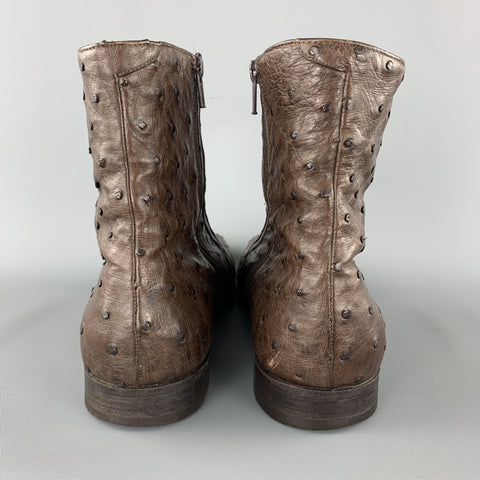 PRADA Size 10.5 Brown Ostrich Leather Square Toe Ankle Boots