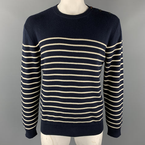 RALPH LAUREN Talla XL Suéter con botones laterales de algodón / cachemira a rayas azul marino y crema