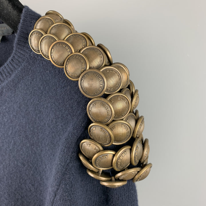 BURBERRY PRORSUM Fall 2010 Size XS Navy Knitted Wool Gold Button Epaulettes Crew-Neck Sweater