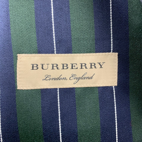 BURBERRY Taille 36 Costume à revers cranté en laine / coton à rayures verticales vert et bleu marine régulier