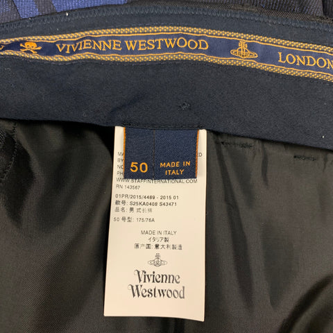 VIVIENNE WESTWOOD MAN Size 42 Blue Black Square Print Wool Blend Raw Hem Double Breasted Suit