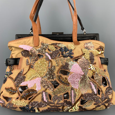 DRIES VAN NOTEN Tan Embroidered Detachable Black Leather Shoulder Combo Handbag-Clutch