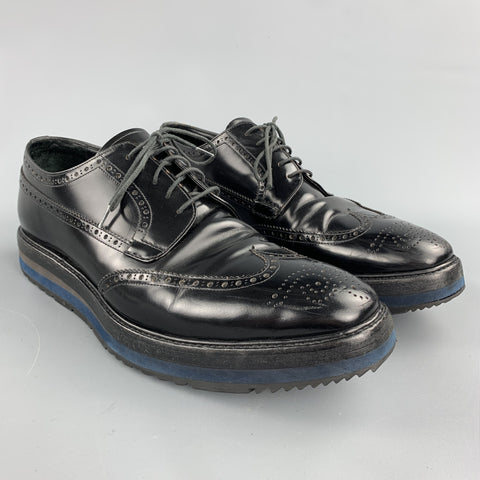 PRADA Size 10.5 Black Perforated Leather Platform Lace Up Shoes