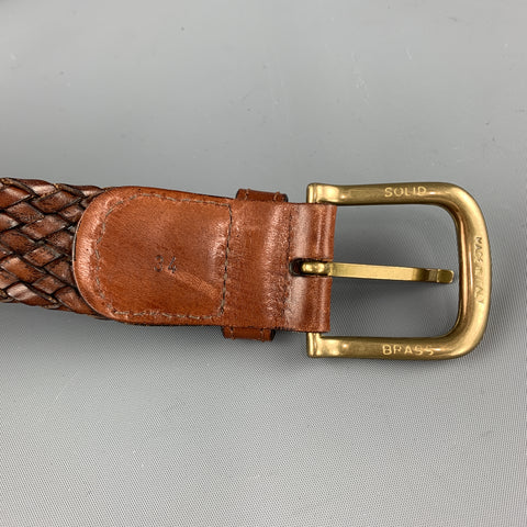 J & C Size 34 Woven Brown Leather Brass Buckle Belt