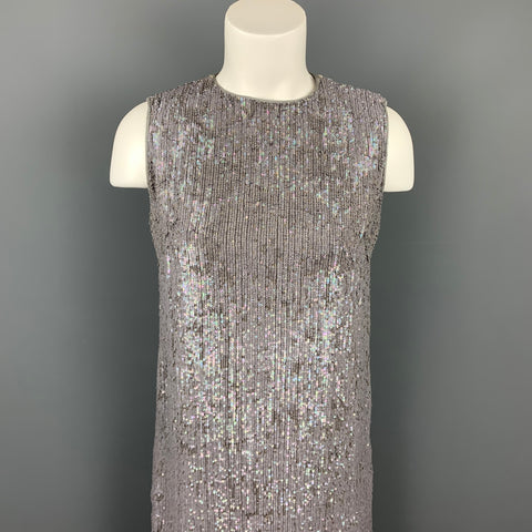 NORMAN AMBROSE Size 4 Gray Silk Sequined Mink Fur Panel Shift Cocktail Dress