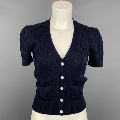 RALPH LAUREN Blue Label Talla S Cárdigan de manga corta de algodón de punto azul marino