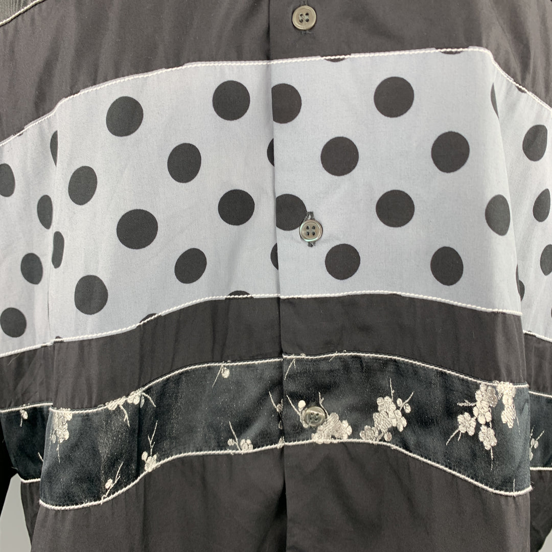 COMME des GARCONS SHIRT Size M Black & Grey Polka Dot Floral Stripe Patchwork Shirt