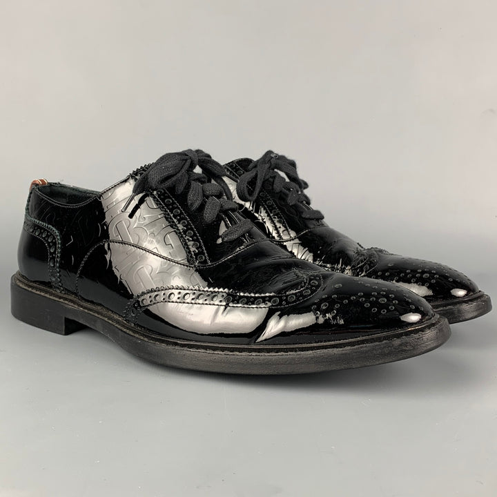 BURBERRY LONDON Size 9 Black Perforated Patent Leather Wingtip Lace Up Shoes