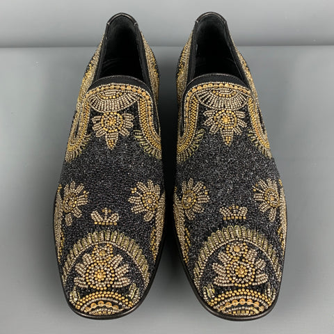 DONALD J PLINER Size 9 Black Silver Gold Beaded Leather Slip On Loafers