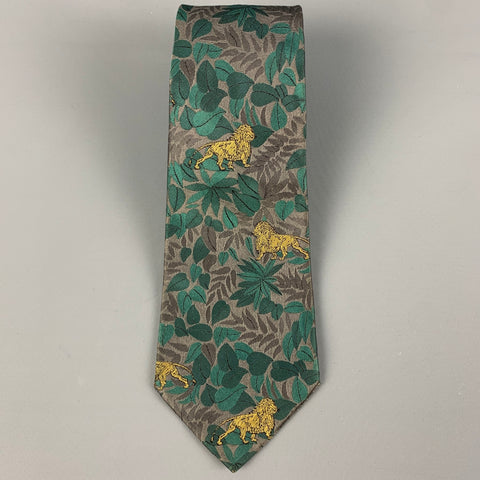 CECILIA METHENY Green Grey Print Silk Tie