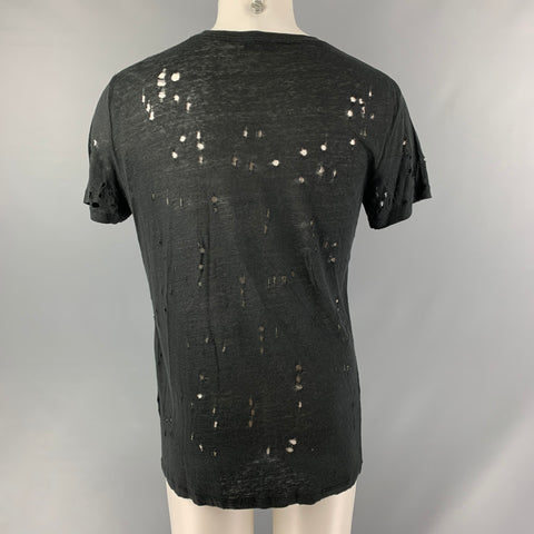 IRO Size M Black Distressed Linen Crew-Neck T-shirt