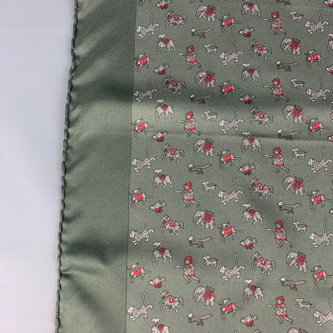 HERMES Green Red Print Silk Pocket Square