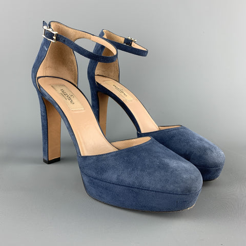 VALENTINO Size 8 Blue Suede PLatform Rockstud Anbkle Strap Pumps