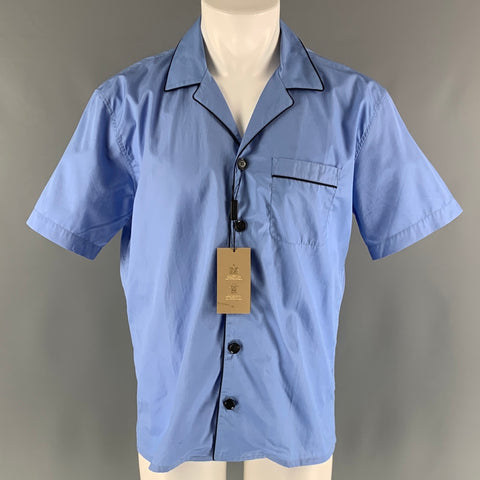 BURBERRY Size M Blue Black Solid Cotton Camp Short Sleeve Shirt