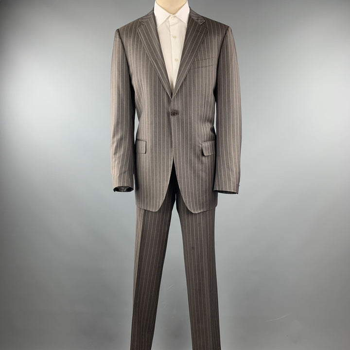 CANALI Size 40 Long Stripe Taupe Wool Notch Lapel Suit
