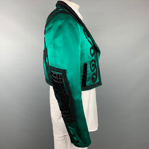 DOLCE & GABBANA S/S 15 Size 44 Emerald & Black Applique Silk Cropped Bull Fighter Jacket