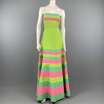 OSCAR DE LA RENTA Size 8 Green Turquoise & Pink Grosgrain Striped Gown