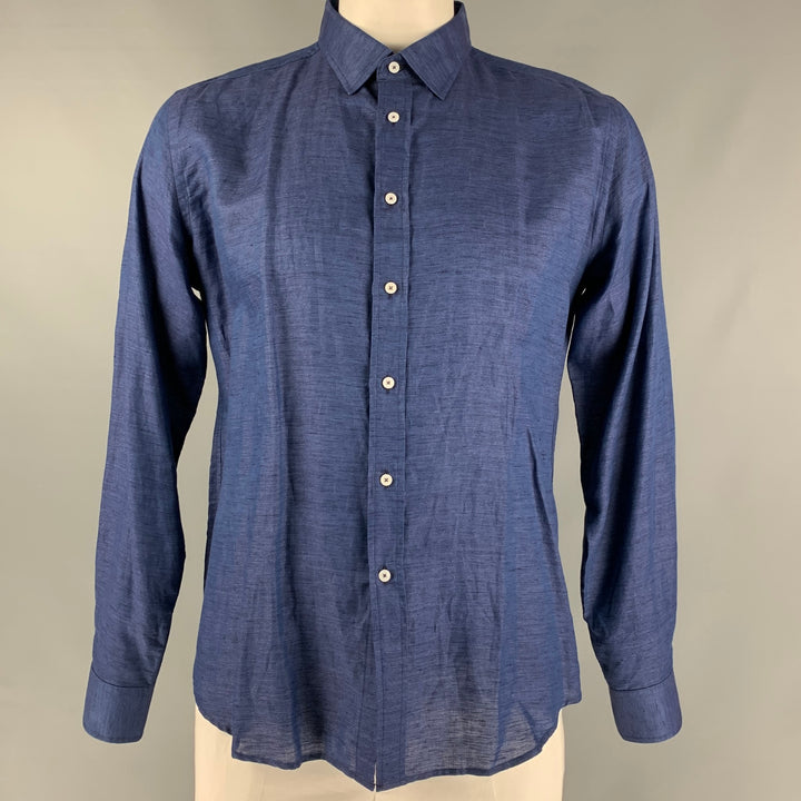 BROOKLYN TAILORS Size XL Navy Heather Linen &  Cotton Button Up Long Sleeve Shirt