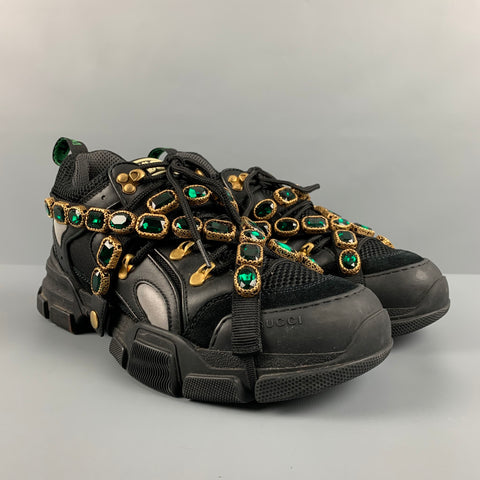 GUCCI Size 9.5 Black Green Beaded Nylon Lace Up Sneakers
