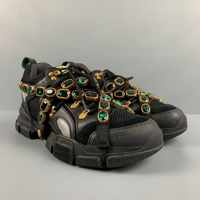 GUCCI Size 9.5 Black Green Beaded Nylon Lace Up Sneakers