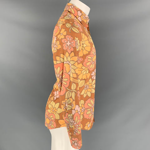 BURBERRY PRORSUM Spring 2006 Size M Brown & Orange Floral Cotton Button Down Long Sleeve Shirt
