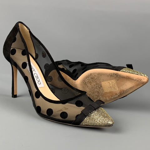 JIMMY CHOO Talla 6.5 Zapatos de tacón con lunares de malla en negro y dorado