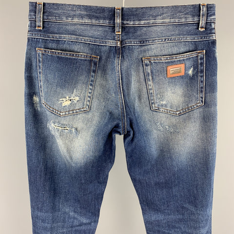 DOLCE & GABBANA Size 32 Indigo Distressed Denim Button Fly Jeans