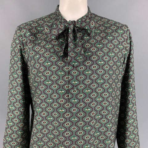 GUCCI Cambridge Talla XL Camisa de manga larga con botones de algodón con estampado de ojos de perlas verdes y morados