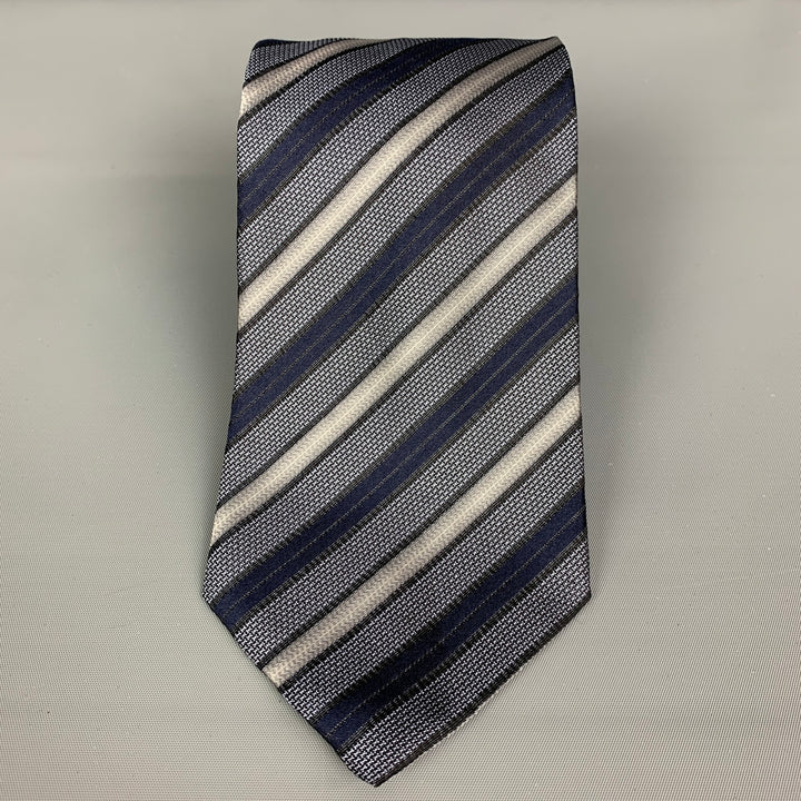 HUGO BOSS Charcoal, Black and Dark Blue Strip Silk Tie