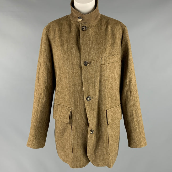 LORO PIANA Taille S Manteau zippé à chevrons en lin olive marron