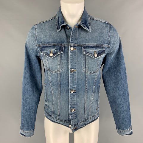 FRAME Size M Blue Distressed Cotton Trucker Jacket