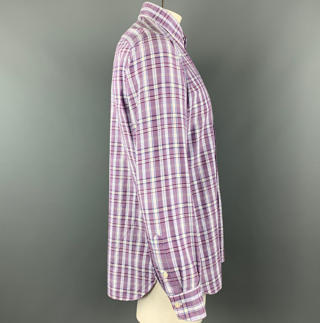 ISAIA Talla L Camisa de manga larga con botones de algodón a cuadros morados