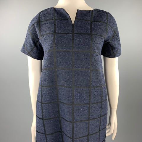 NOOY Size L Black & Navy Textured Windowpane Cotton Blend Shift Dress