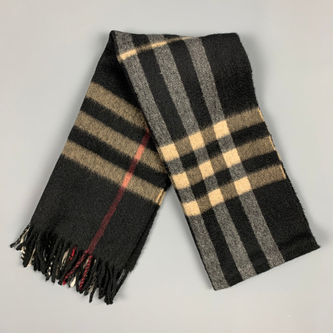 BURBERRY LONDON Black & Tan Plaid Cashmere Scarf