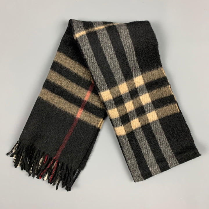 BURBERRY LONDON Black & Tan Plaid Cashmere Scarf