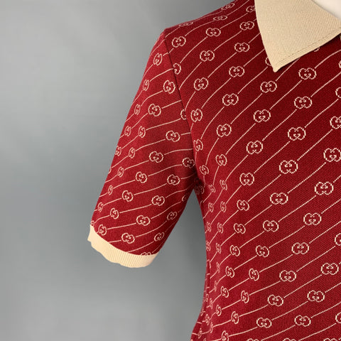GUCCI Size L Burgundy Beige Logo Wool Silk Buttoned Polo