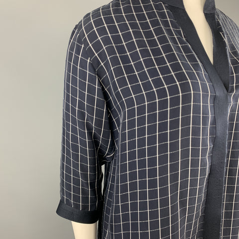 GIORGIO ARMANI Size 12 Navy Windowpane Cropped Sleeve Blouse