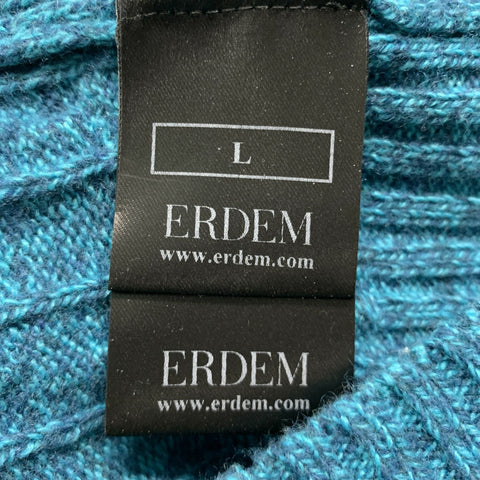 ERDEM Size L Blue Grey Cable Knit Merino Wool Blend Boat Neck Sweater