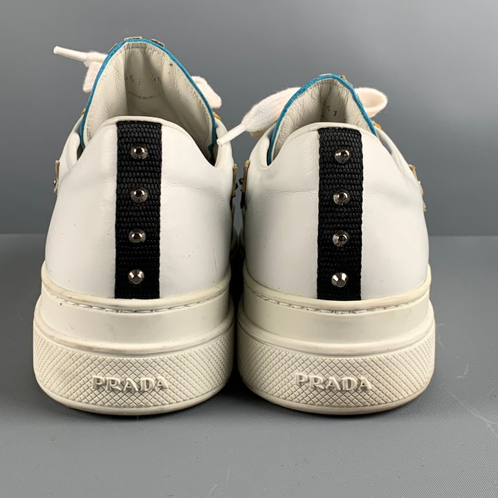 PRADA Size 10 White Multi-Color Leather Aplique Low Top Sneakers