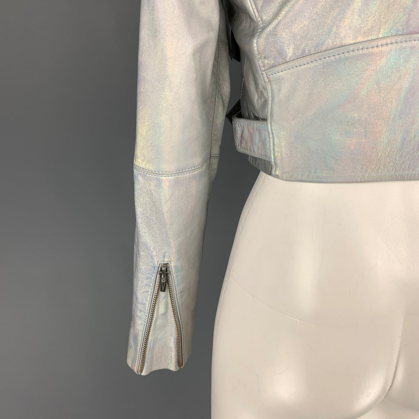 VEDA Size XS Silver Iridescent Metallic Leather Biker Cropped Jacket