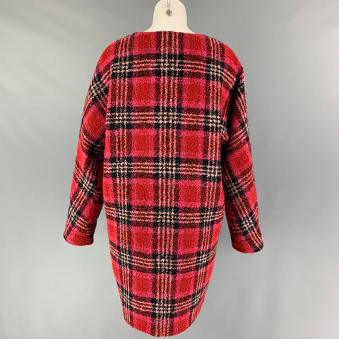 KATE SPADE Size M Red Black Wool Blend Plaid Collarless Coat
