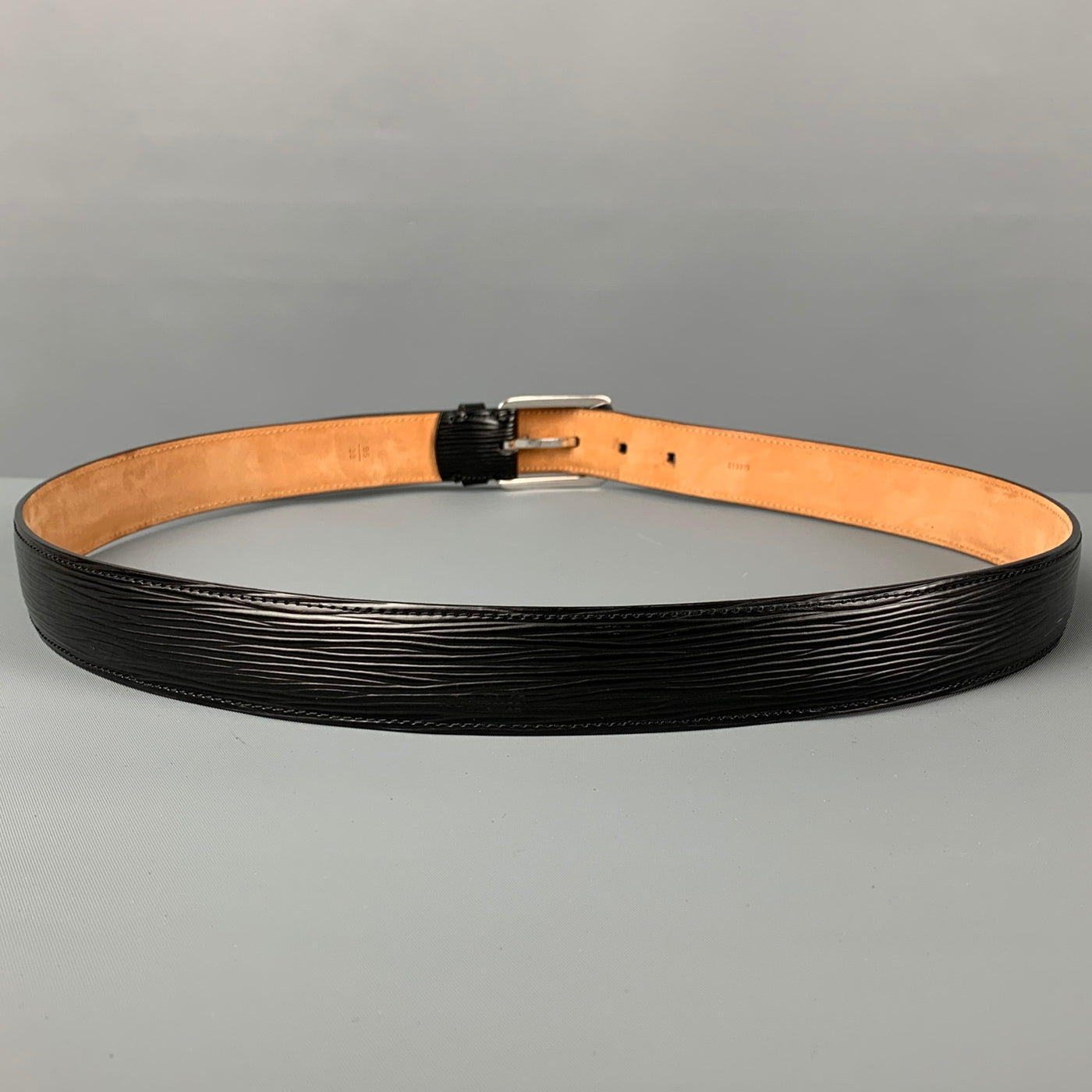 Black EPI Leather Belt Silver Buckle/Size-38/95