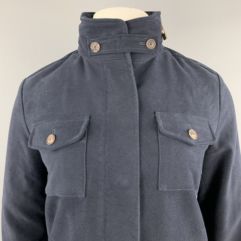 LORO PIANA Size 10 Navy Cotton High Collar Zip Hood Jacket