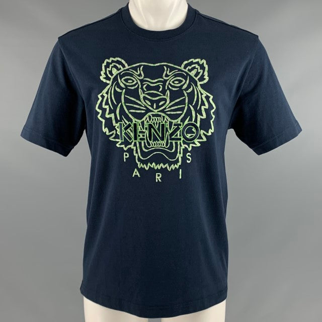 KENZO Size M Navy Green Embroidery Cotton T-shirt