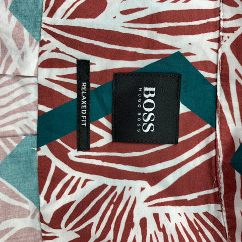 BOSS by HUGO BOSS Size XXL Burgundy & White Zig Zag Cotton Camp Short Sleeve Shirt